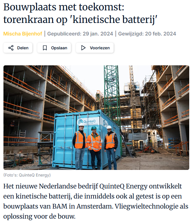 Screenshot of Bouwmachine's article covering QuinteQ's flywheel in collaboration with BAM and Van der Spek