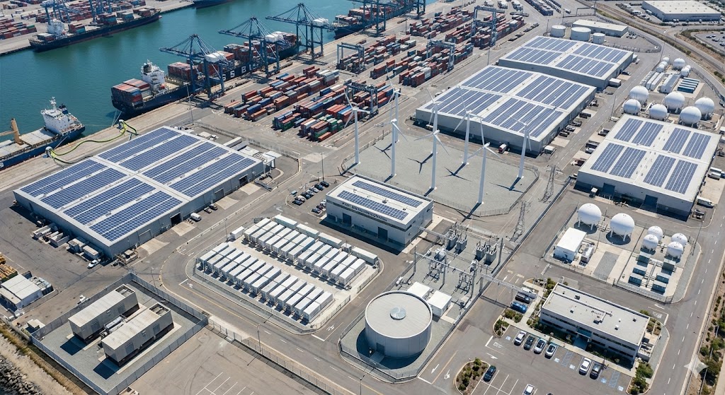 AI-generated concept image of what a port microgrid can look like, with on-site power generation to maximize energy resilience.